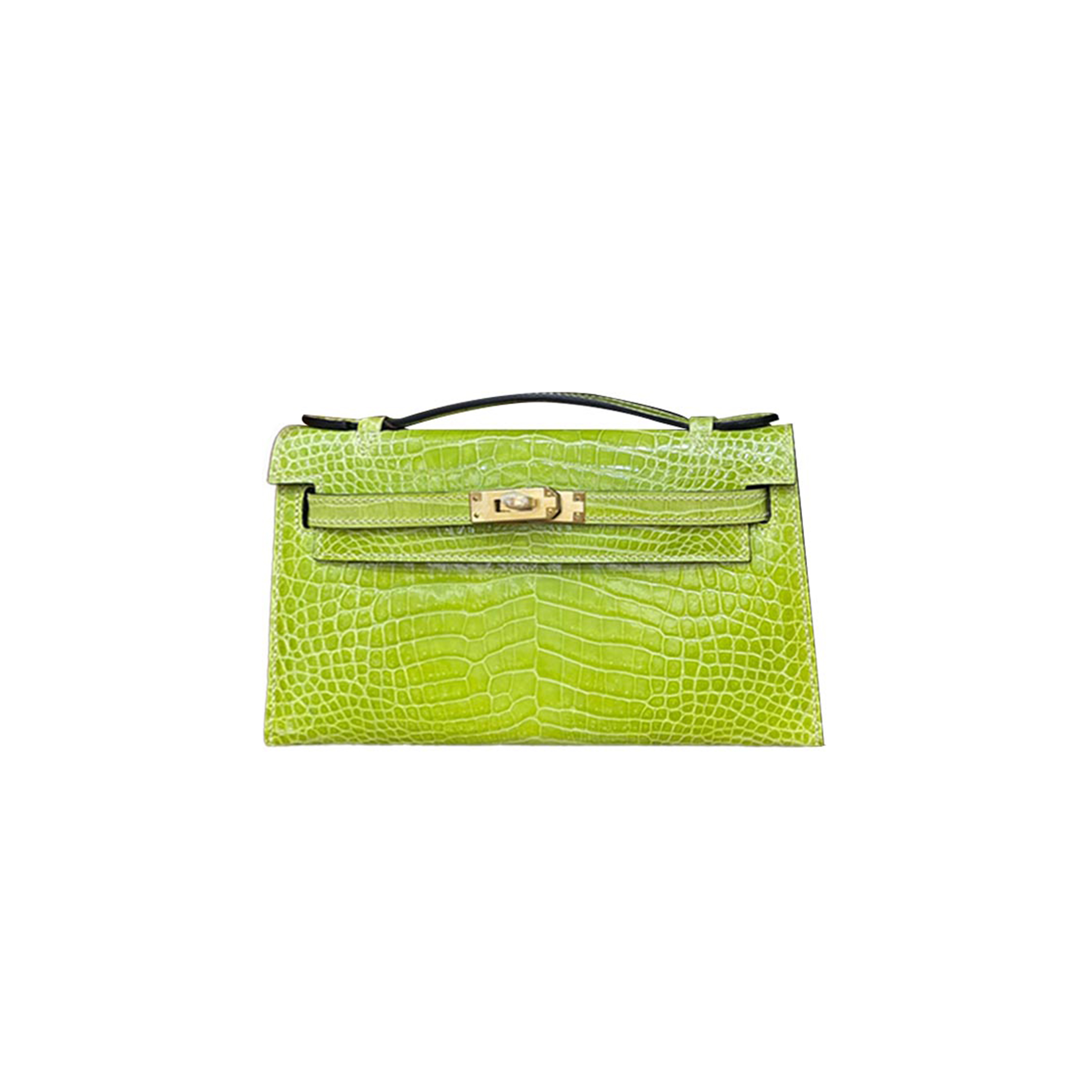 H**mes master kelly pochette shiny crocodile leather color kiwi green gold buckle (22*14*7cm)